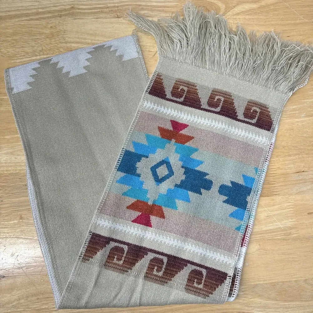 Southwestern Style Fringed Scarf 8”x33”Geometric Zapotec Style Soft - Picture 1 of 11